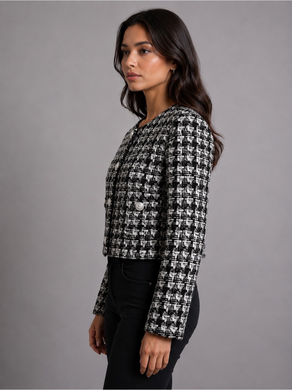 H&M Black & White Plaid Bouclé Jacket – Size M | Silver Button Detail - Picture 2 of 14